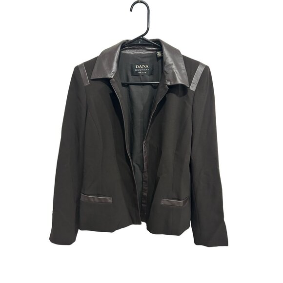 Dana Buchman Leather Trim Open Front Black Blazer Size 4 Petite Modern Edgy - Picture 1 of 11